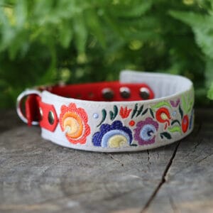 Miękka i elegancka obroża premium dla psa, wykonana z wysokiej jakości weluru, z tradycyjnym ludowym haftem, pasek to oryginalny Biothane.