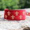 Miękka i elegancka obroża premium dla psa, wykonana z wysokiej jakości weluru, ze złotym haftem fleur-de-lis, pasek to oryginalny Biothane.