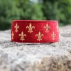 Miękka i elegancka obroża premium dla psa, wykonana z wysokiej jakości weluru, ze złotym haftem fleur-de-lis, pasek to oryginalny Biothane.