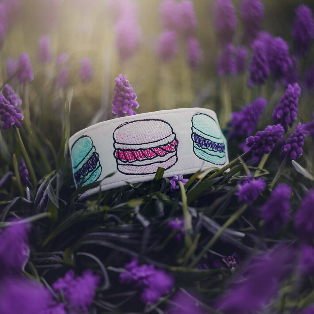 Haftowana welurowa obroża dla psa z motywem francuskich makaroników