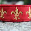 Miękka i elegancka obroża premium dla psa, wykonana z wysokiej jakości weluru, ze złotym haftem fleur-de-lis, pasek to oryginalny Biothane.